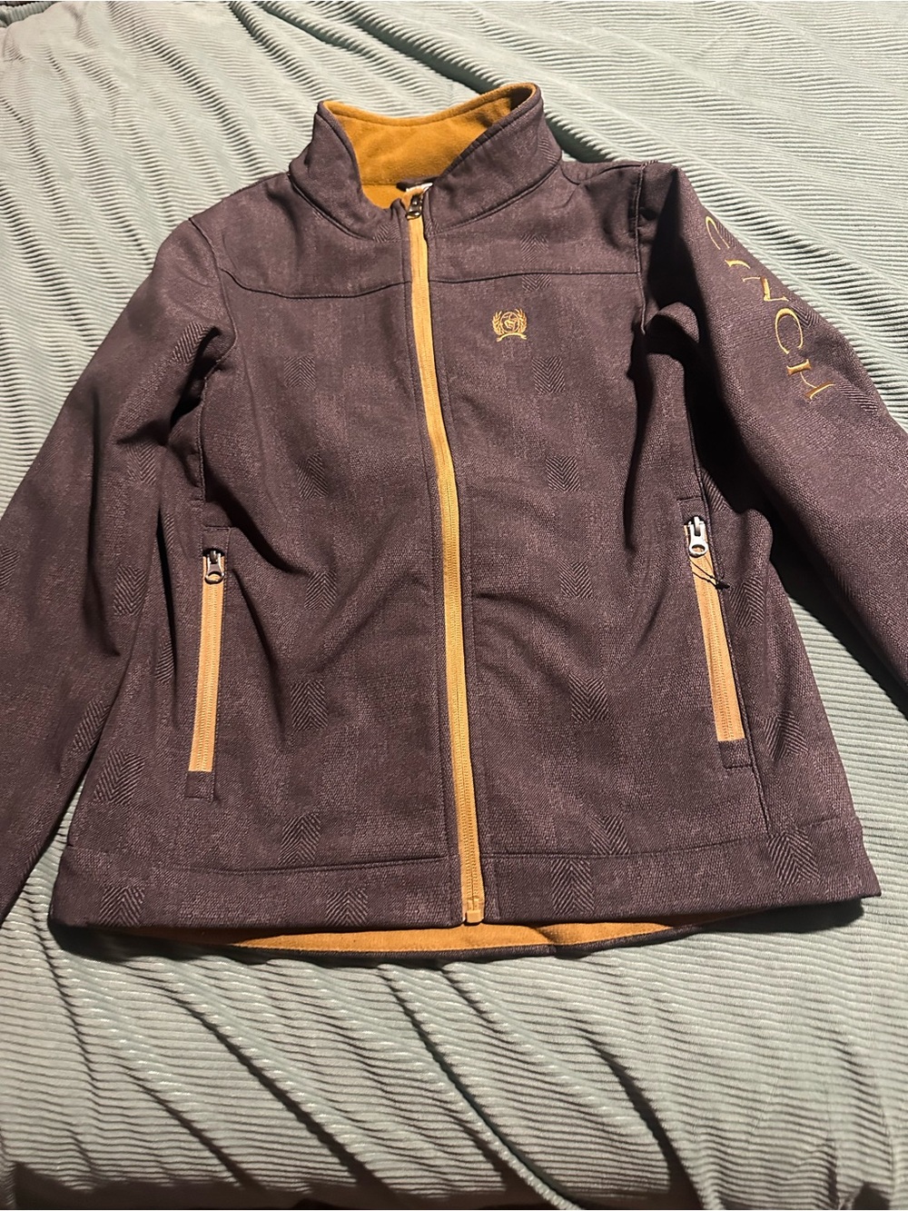 Cinch Brown Jacket with Gold Trim and Zipper Accents